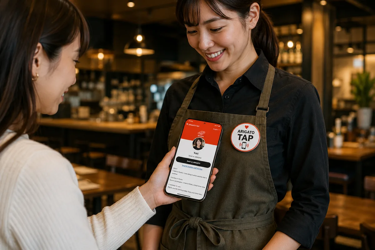 スタッフのバッジにスマートフォンをかざしてARIGATO TAPを利用する様子